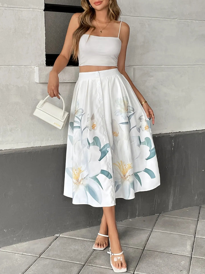 Floral print button-front A-line midi skirt