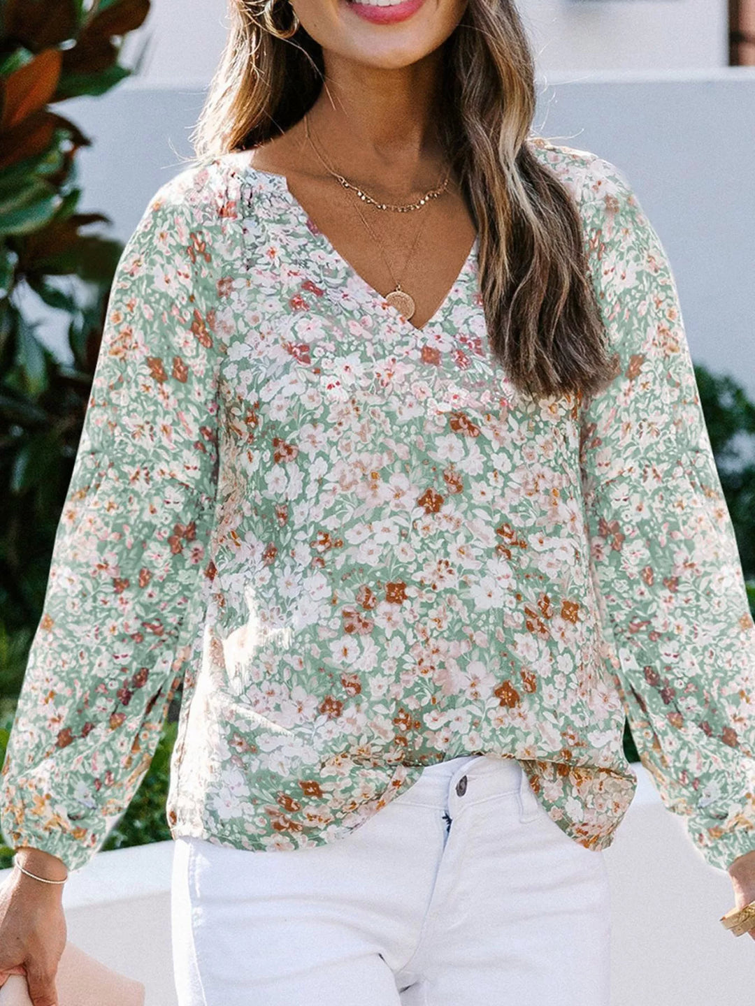 Floral print V-neck button-front blouse with long sleeves