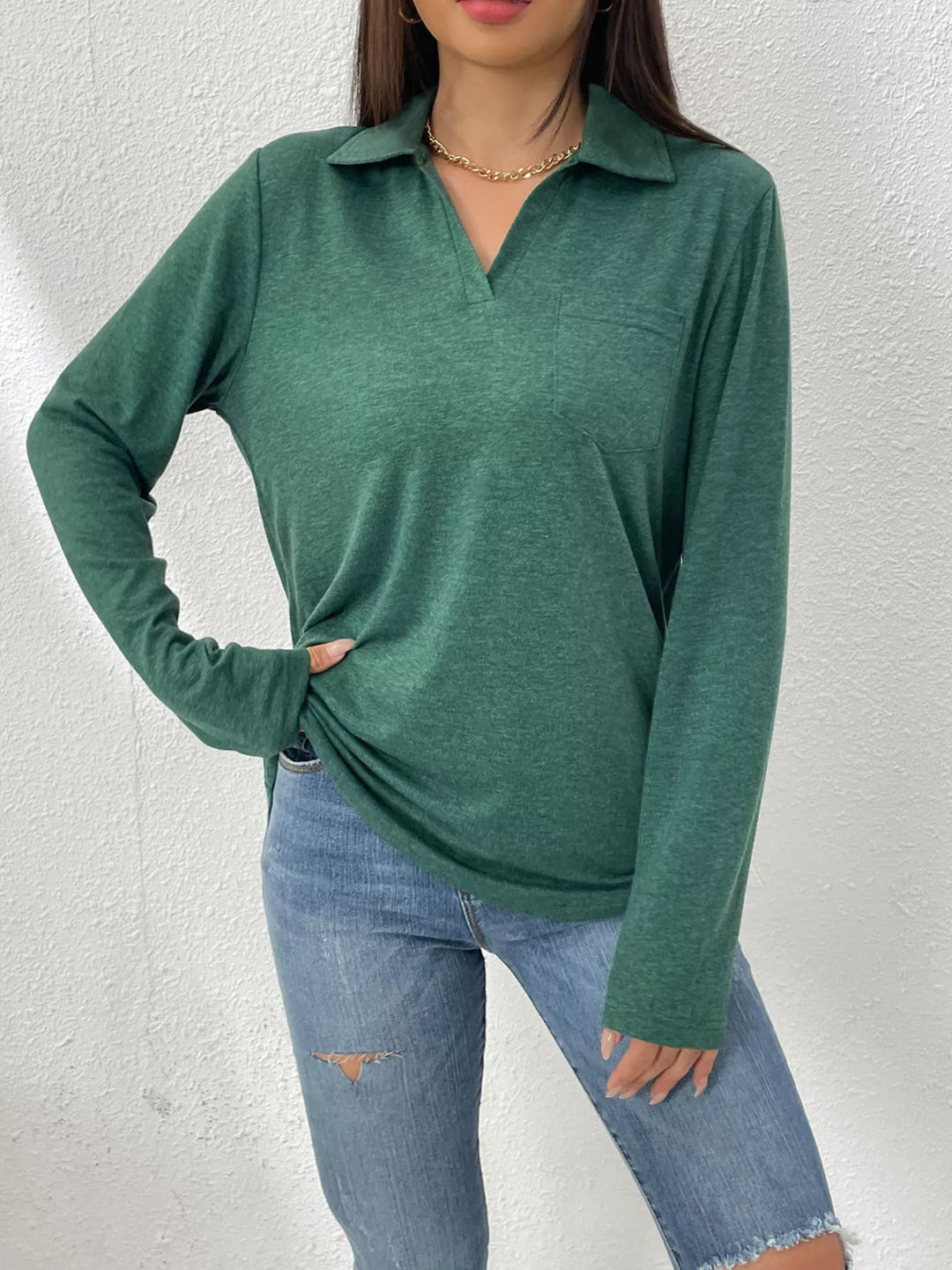 Dark Green Collared long sleeve polo top with chest pocket