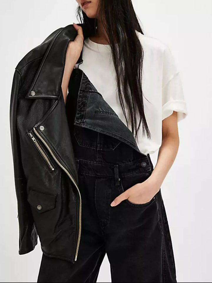 Wide-leg cotton denim overalls with adjustable straps