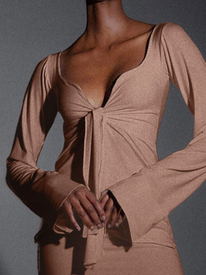 Tie-front long sleeve top with open cascading front