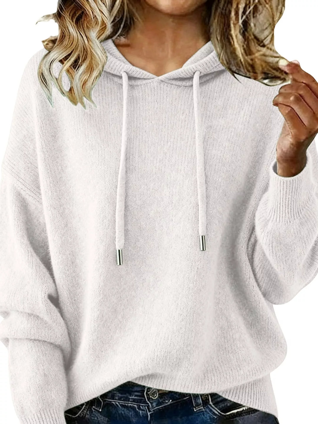 White Drawstring hooded knit pullover sweater with ribbed cuffs