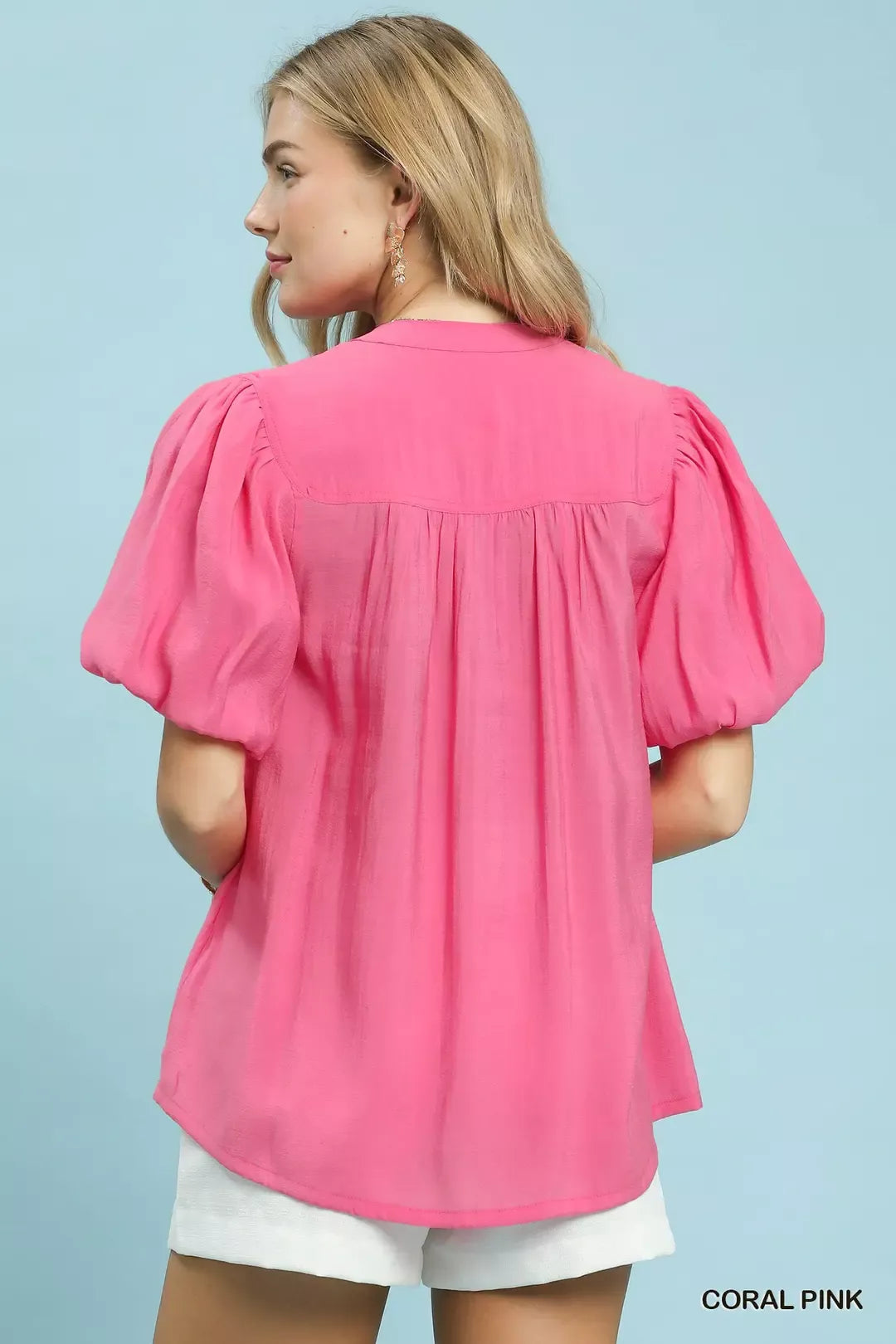 Puff sleeve V-neck button-front woven blouse