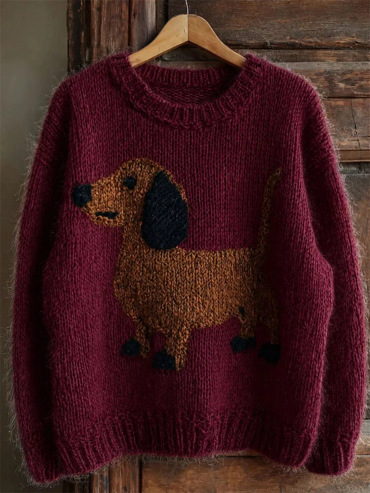 Burgundy Dachshund chunky knit drop shoulder crew neck sweater