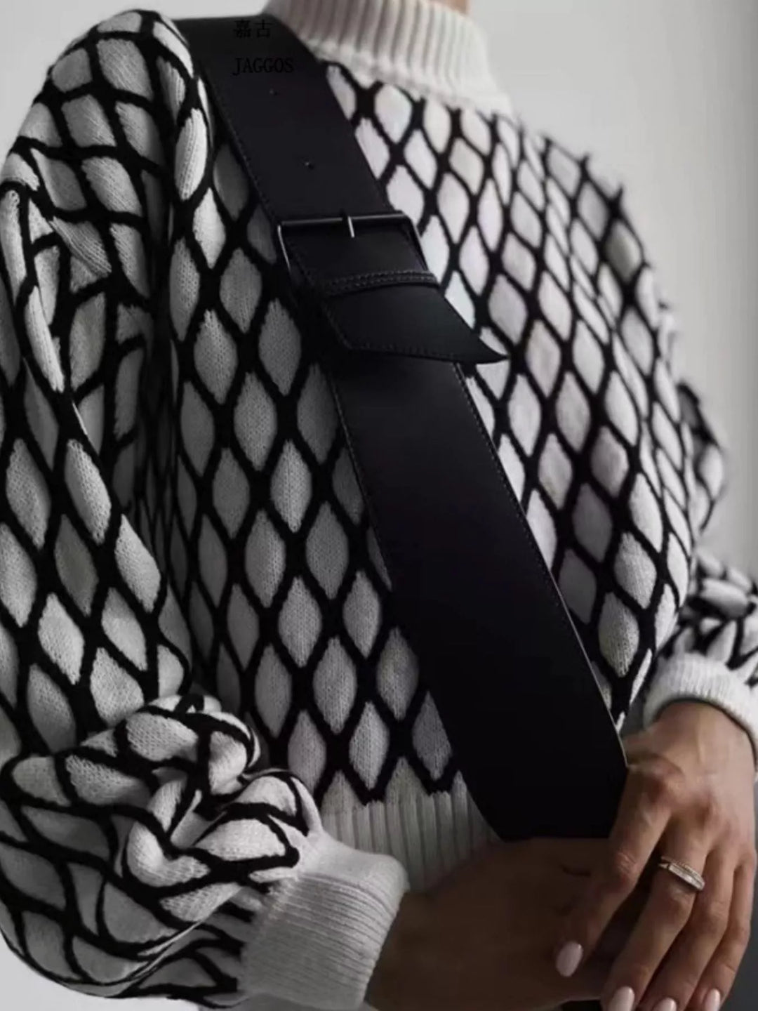 Black Geometric lattice knit turtleneck sweater