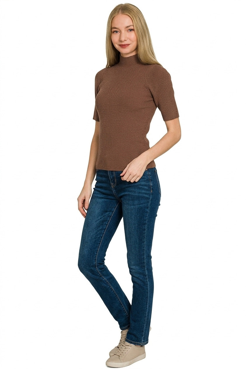 Ribbed mock neck short sleeve sweater top