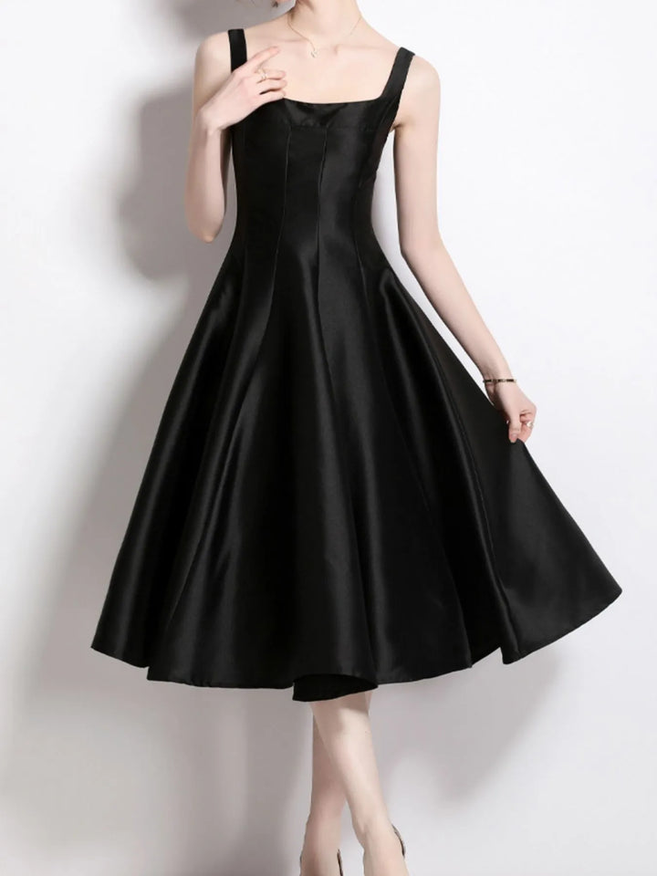 Black Square neck A-line sleeveless midi dress