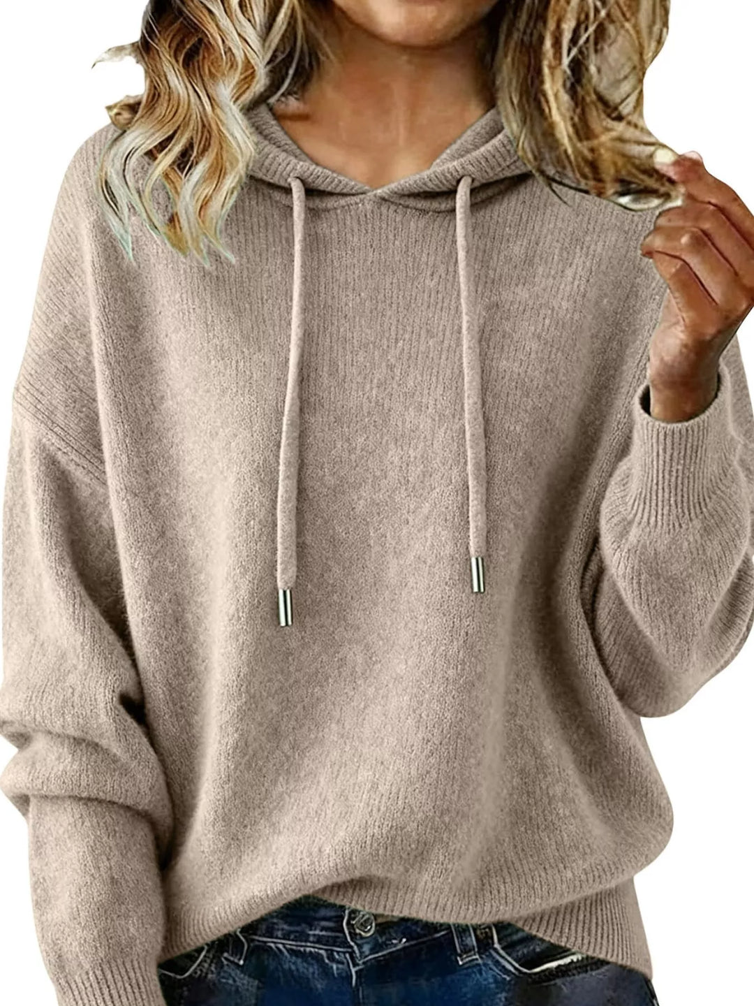 Mocha Drawstring hooded knit pullover sweater with ribbed cuffs
