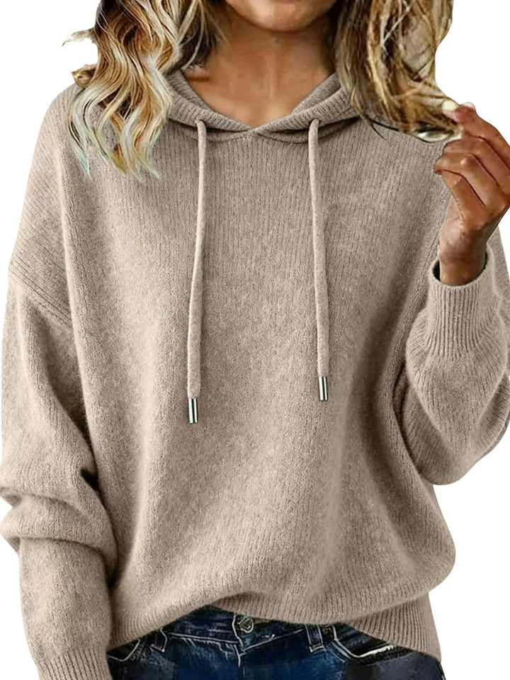 Mocha Drawstring hooded knit pullover sweater with ribbed cuffs