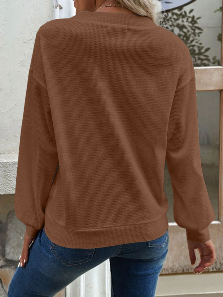 Waffle-knit V-neck button-front top with dropped shoulders