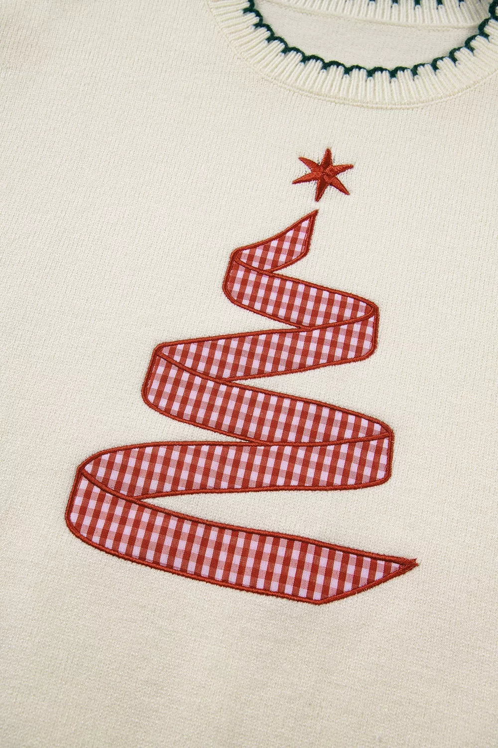Gingham ribbon tree applique blanket stitch knit sweater