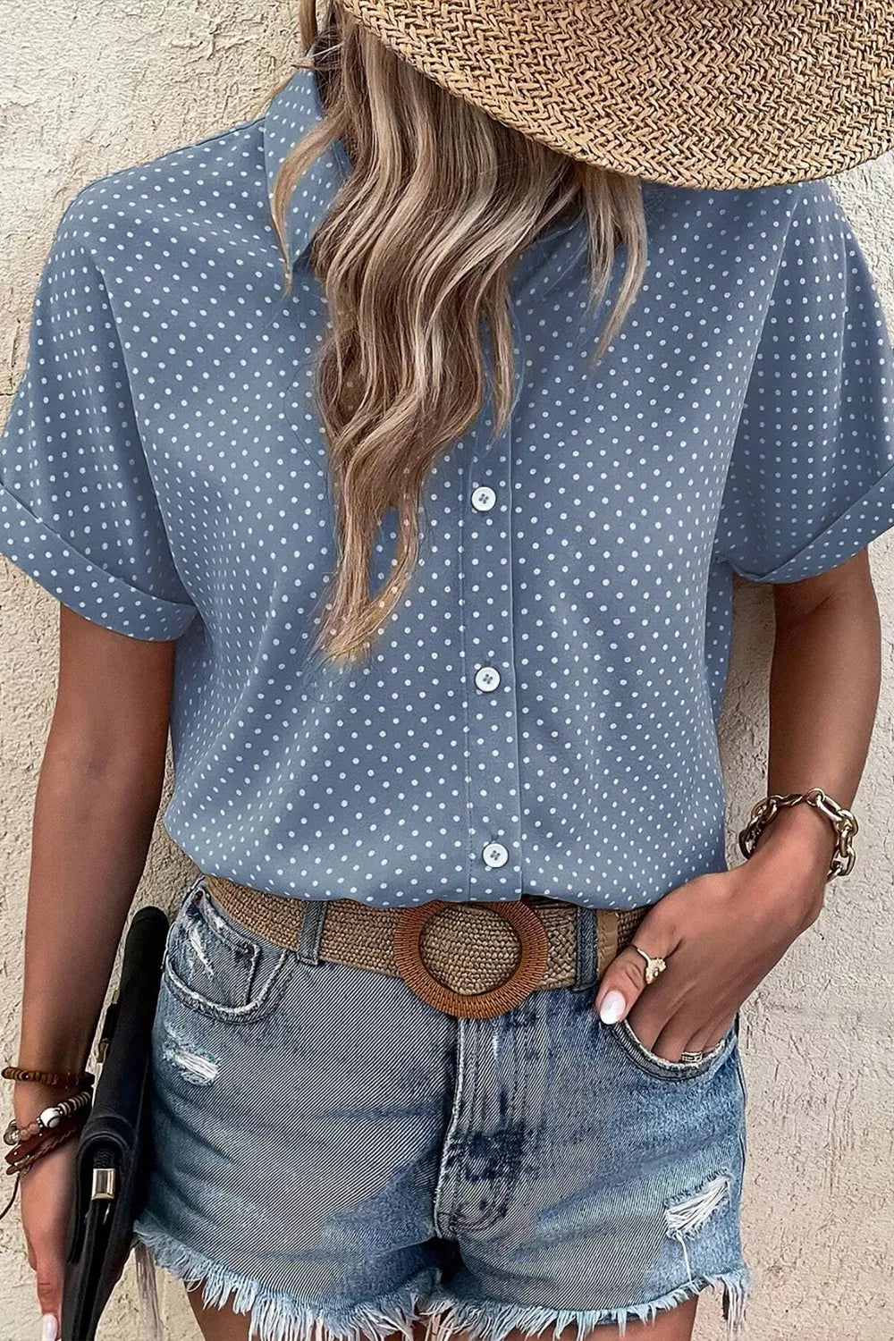 Polka dot button-down shirt with cuffed short sleeves