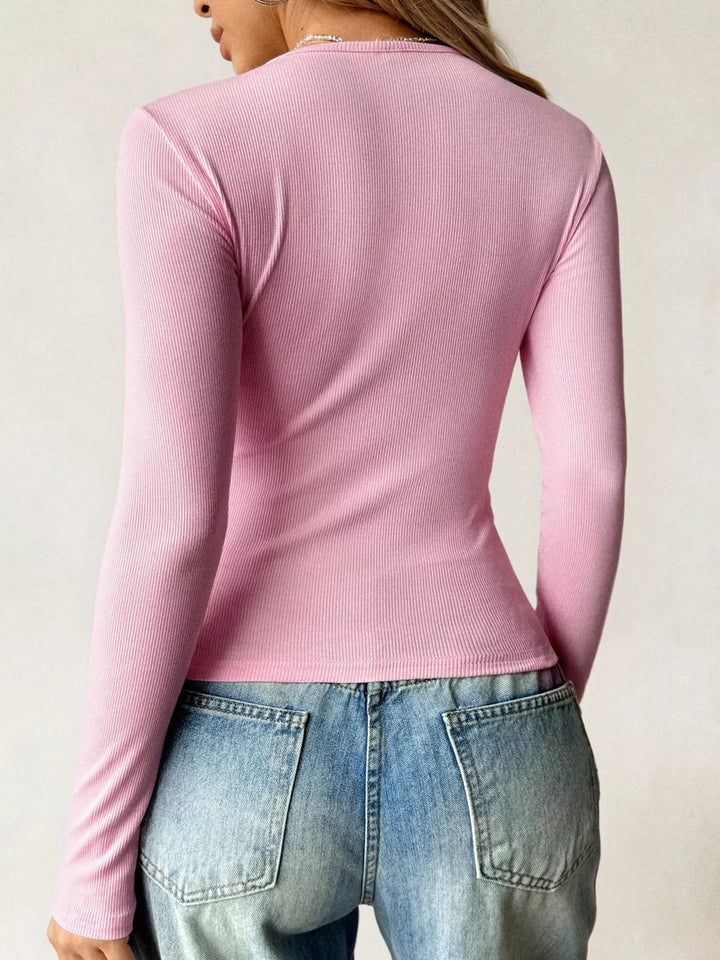 Ribbed knit long sleeve fitted top with scoop neck