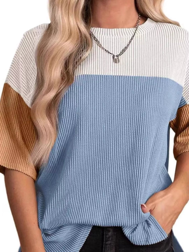 Ribbed color block short sleeve top with side slits