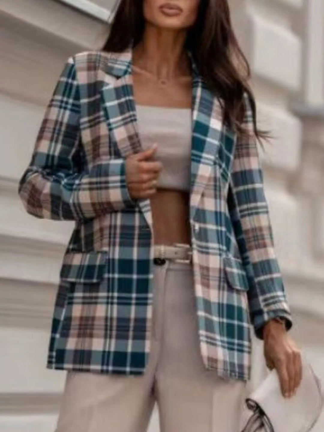 Plaid notch lapel blazer with flap pockets