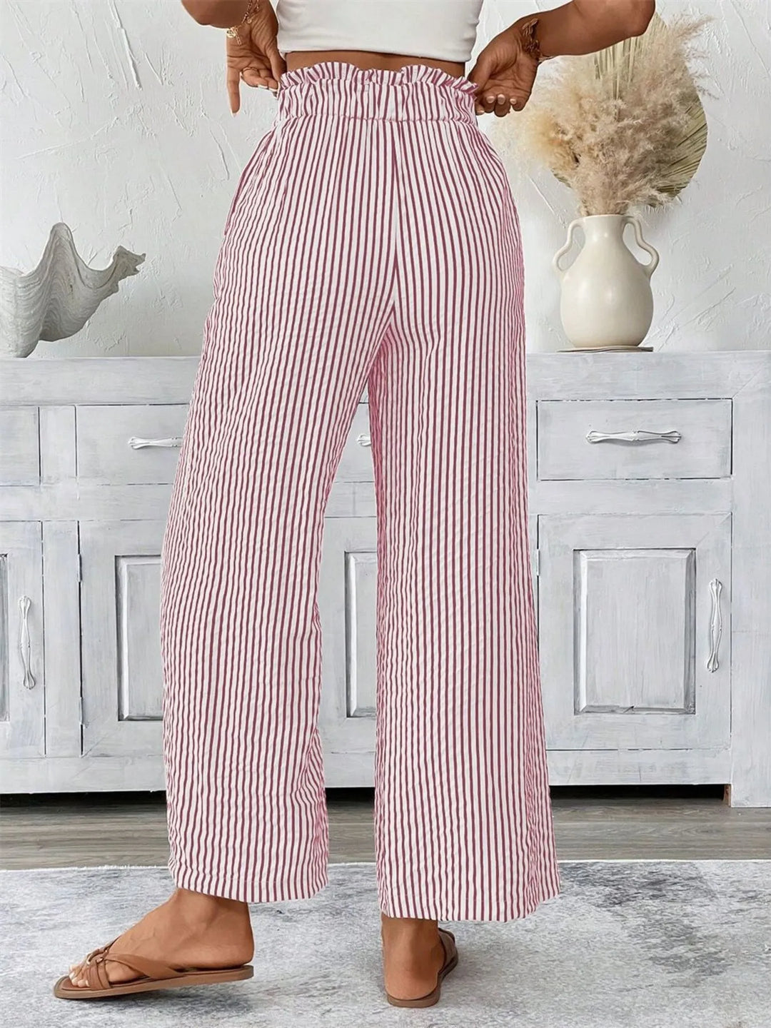 Striped wide-leg paper bag pants with tie belt