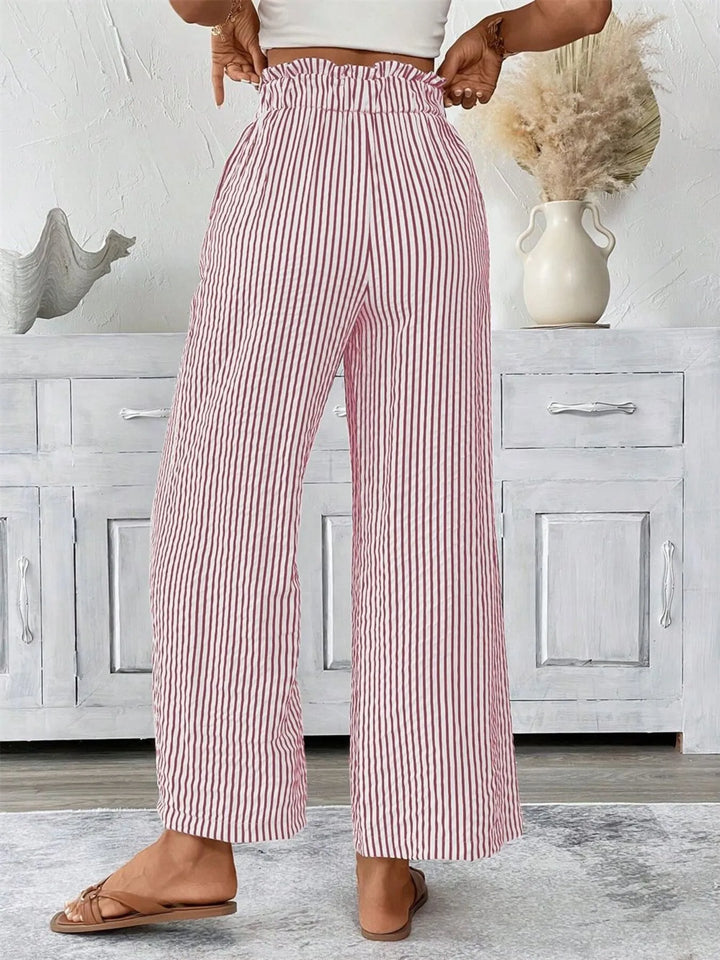 Striped wide-leg paper bag pants with tie belt