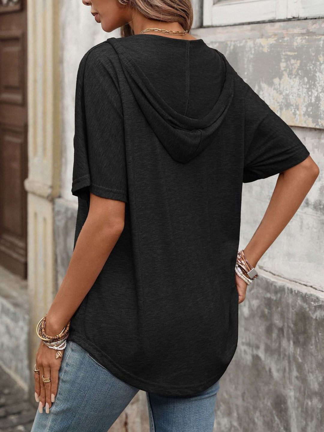 Hooded short sleeve tee with drawstring V-neck