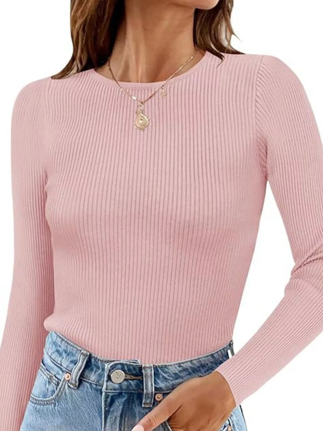 Ribbed knit slim-fit long sleeve crew top