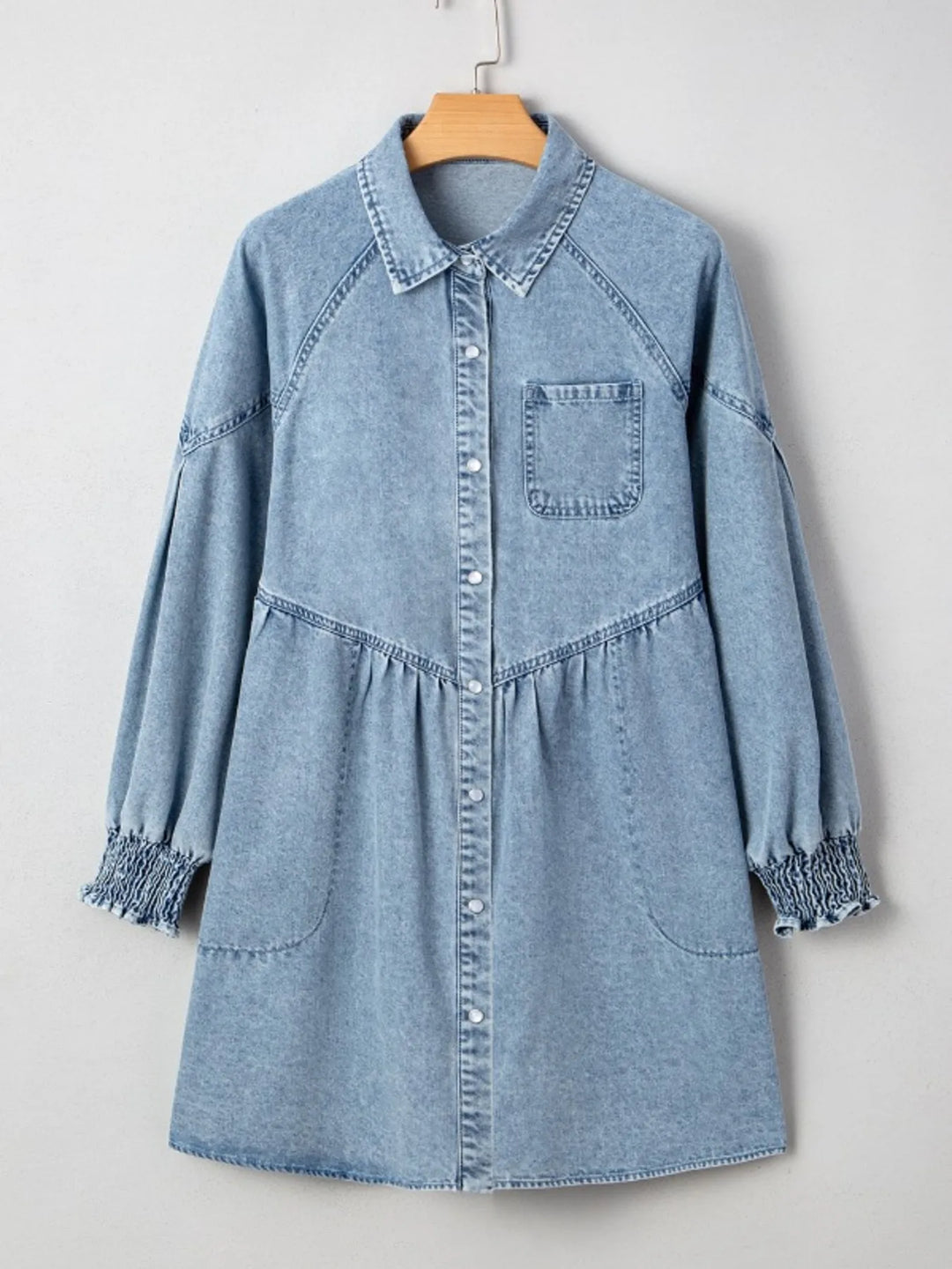 Tiered denim shirt dress with smocked cuffs and side pockets