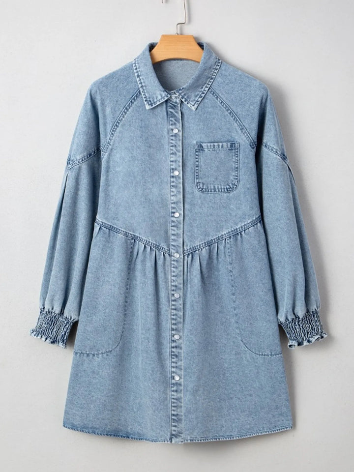 Tiered denim shirt dress with smocked cuffs and side pockets