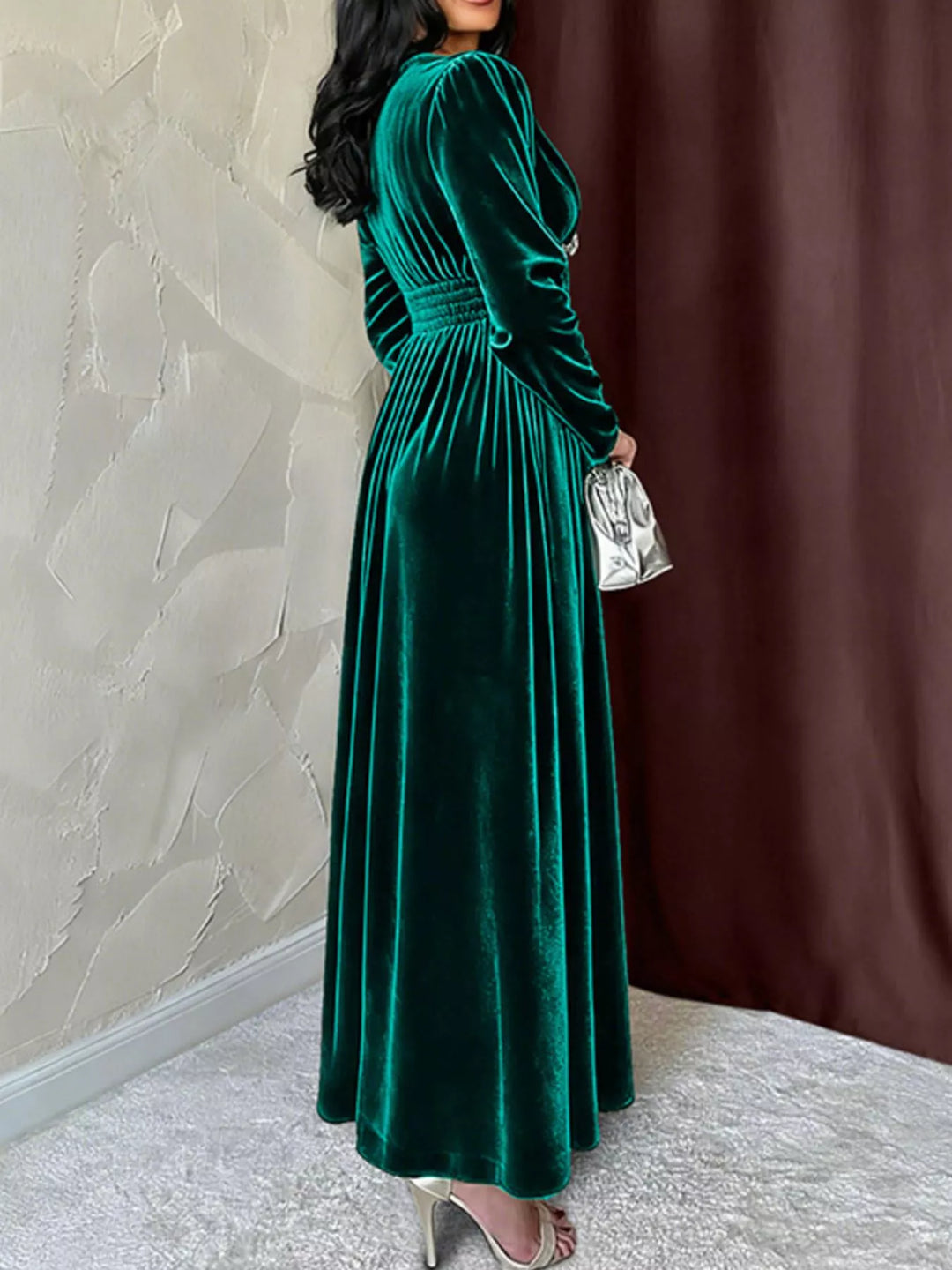 Velvet long sleeve maxi dress with pearl trim V-neck