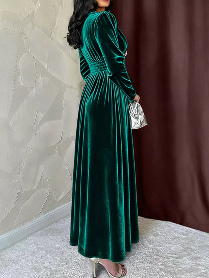 Velvet long sleeve maxi dress with pearl trim V-neck