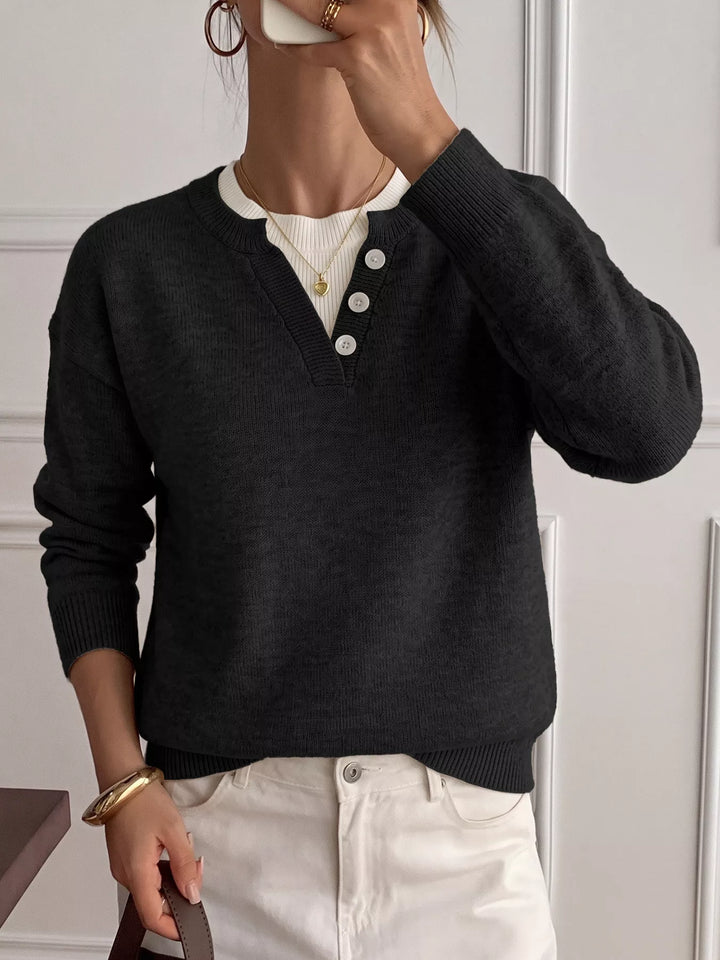 Black Three-button henley placket knit sweater with ribbed trim