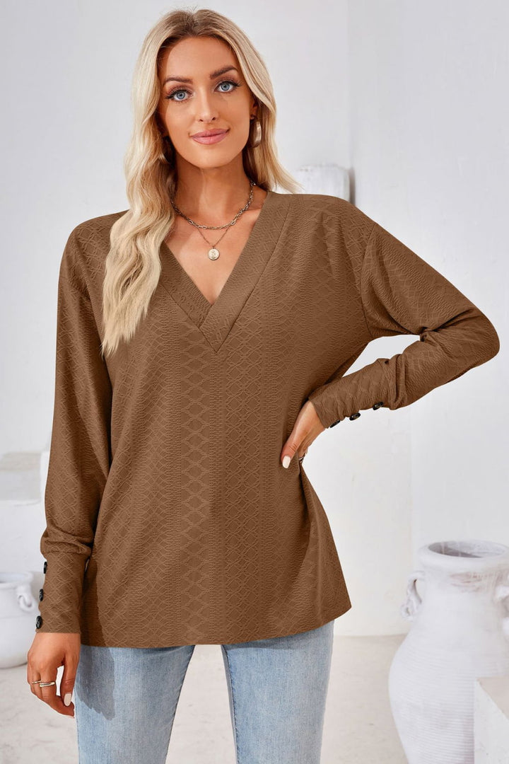 Brown Textured knit V-neck long sleeve top with button cuffs