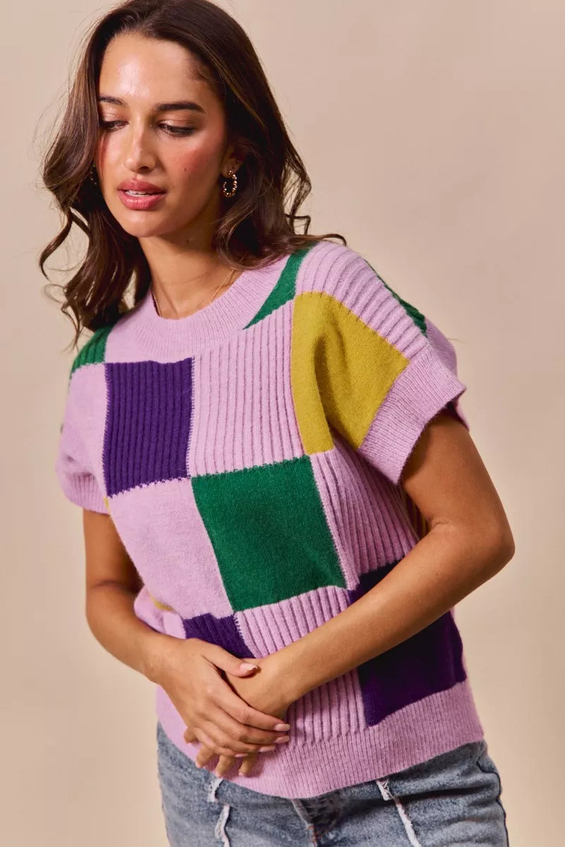 Checkerboard color-block short sleeve sweater top
