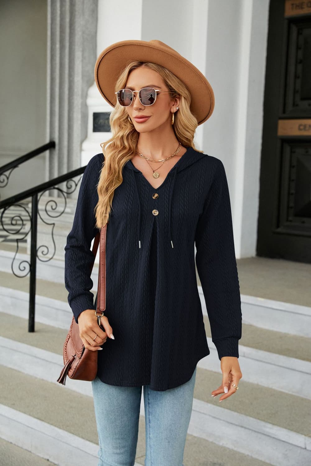 Navy Cable knit hooded top with tie neck and button placket