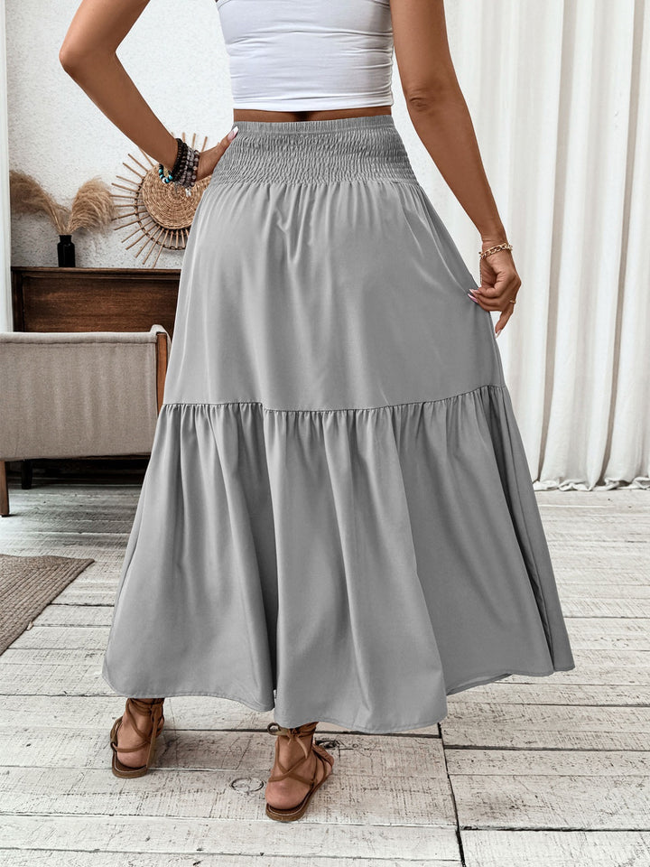 Smocked high-waist tiered ruffle maxi skirt
