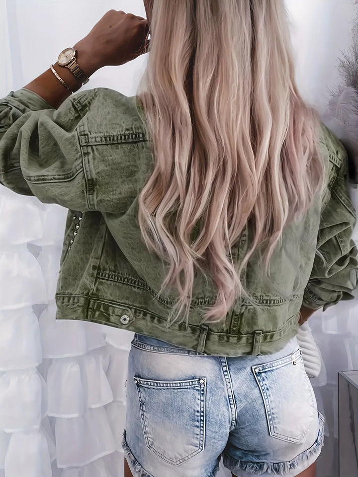 Studded cropped denim jacket with button front