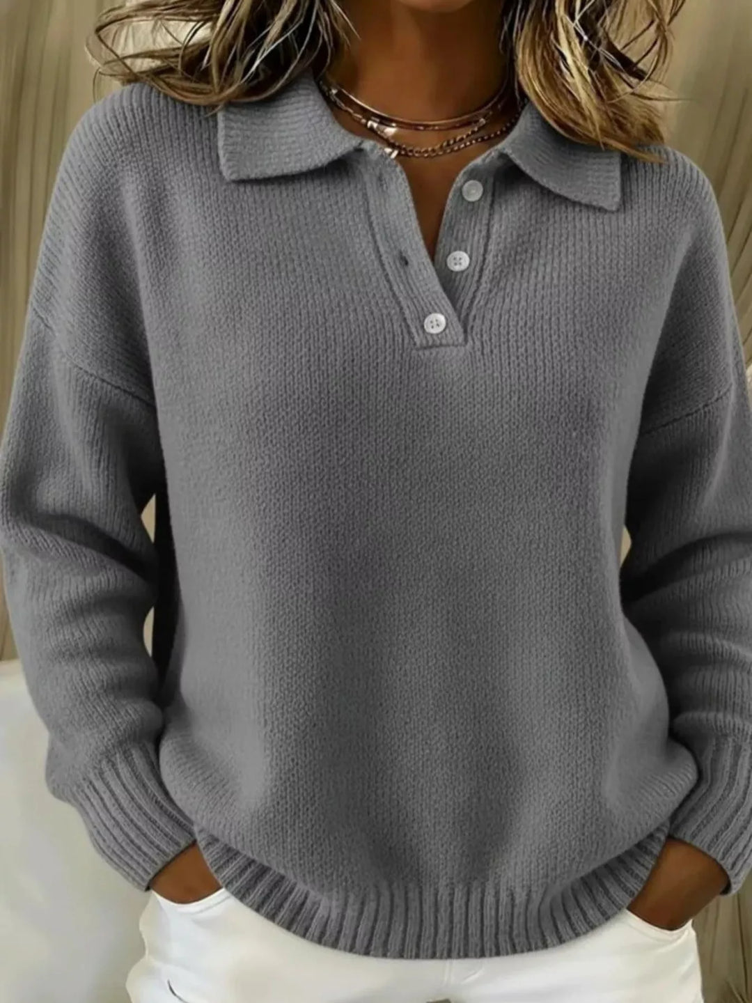 Grey Dropped shoulder polo collar button knit sweater
