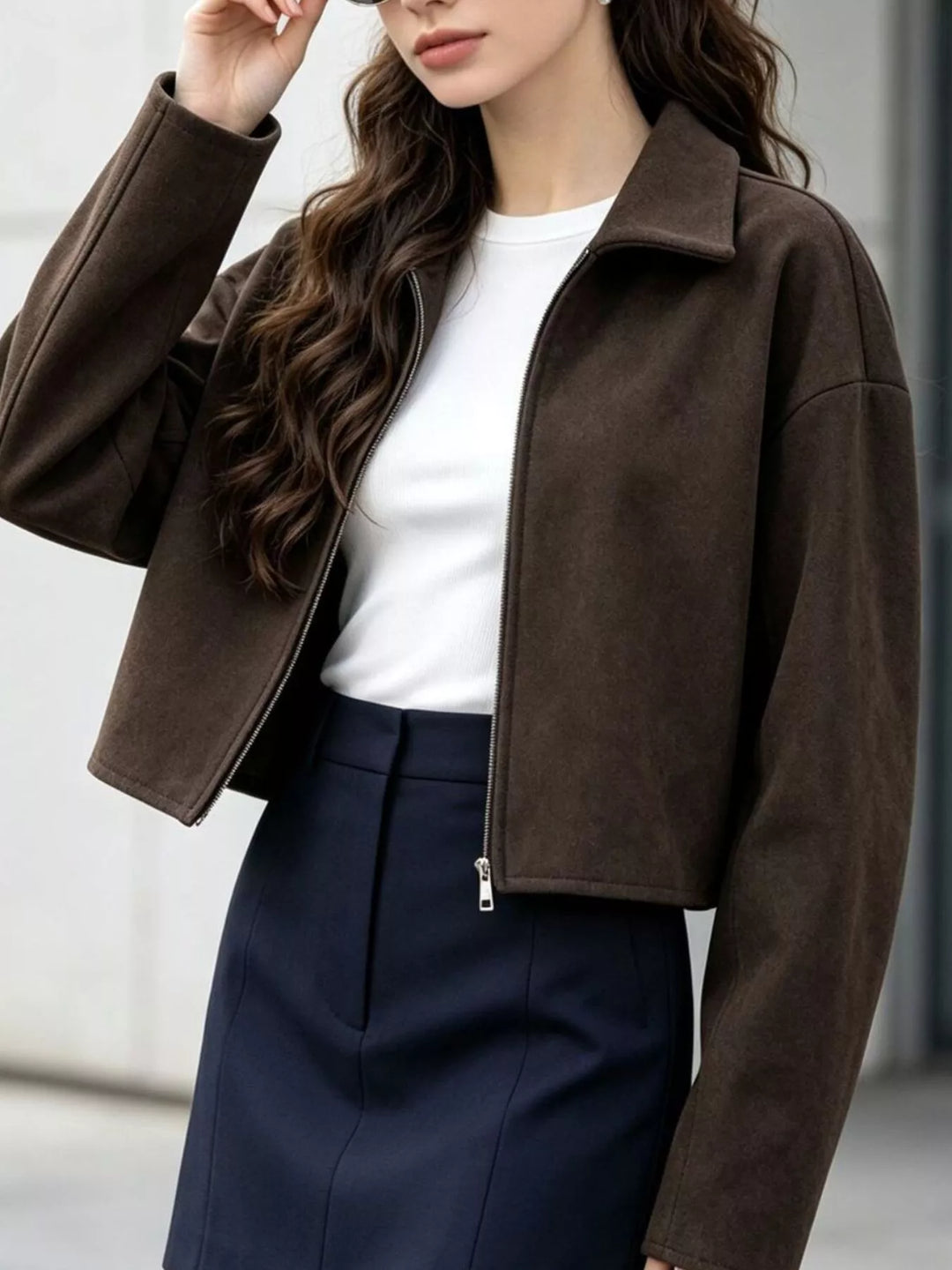 Cropped zip-up jacket with dropped shoulders and collar