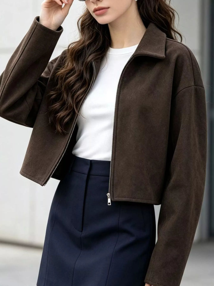 Cropped zip-up jacket with dropped shoulders and collar