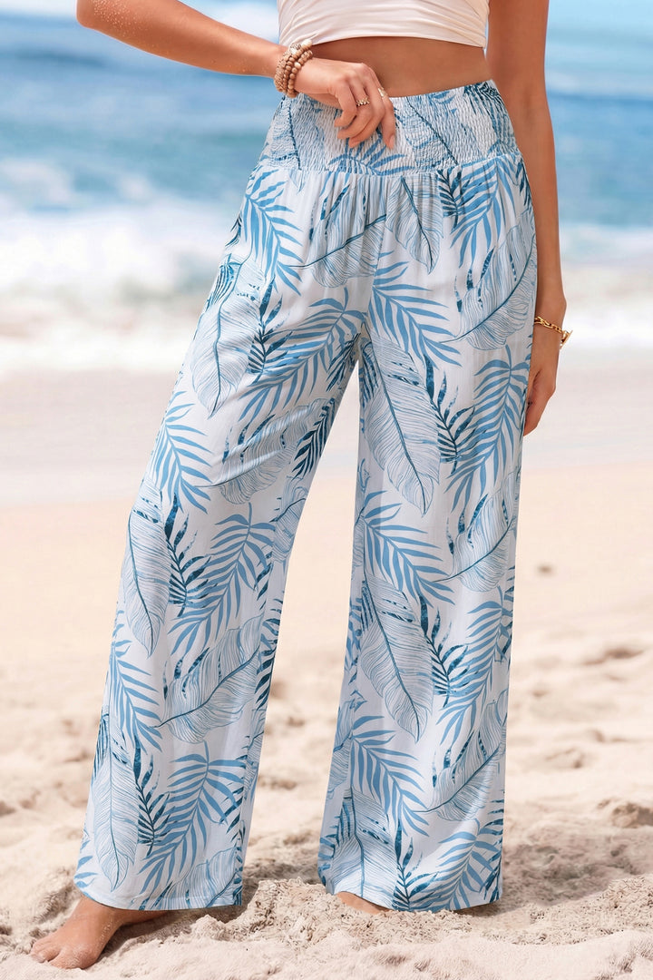 Tropical leaf print shirred-waist wide-leg pants