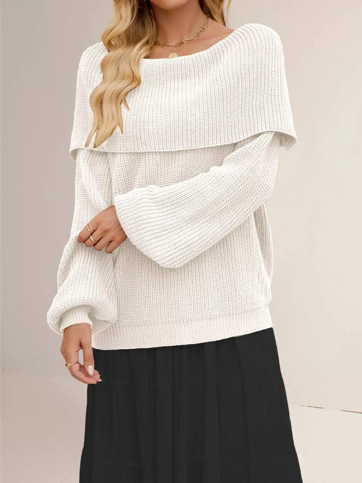 Apricot Off-shoulder ribbed knit sweater with foldover collar