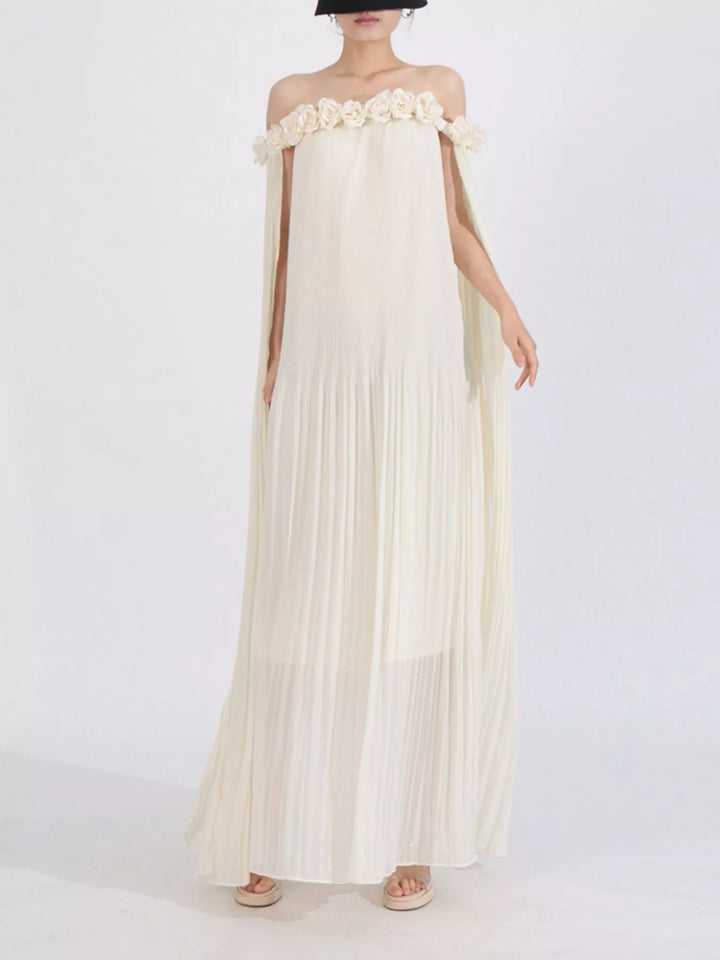 Off-shoulder pleated maxi dress with rosette neckline