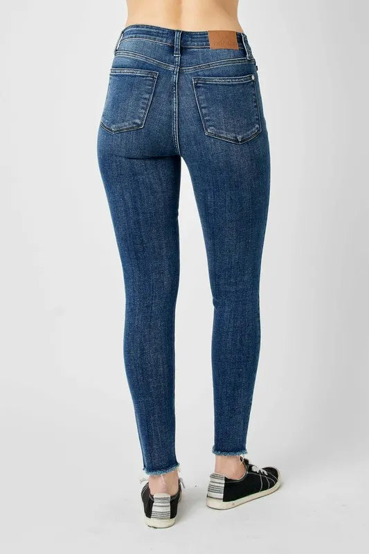 Judy Blue high-rise distressed skinny jeans with frayed hem