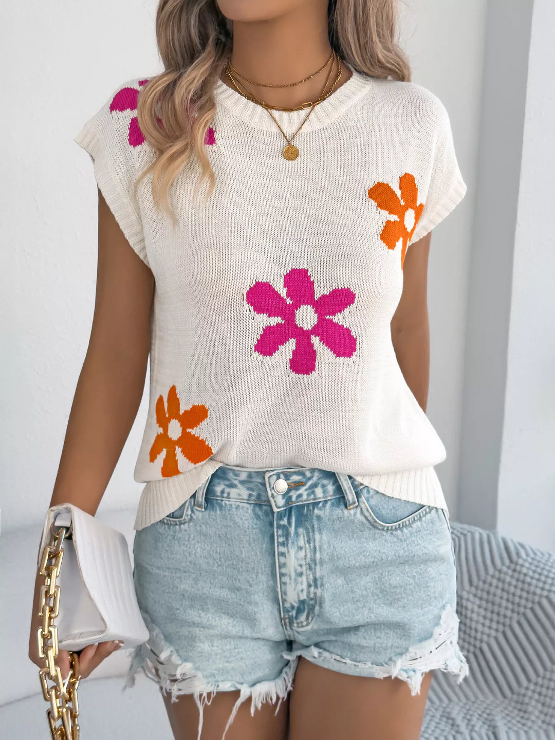 Floral cap-sleeve knit sweater with ribbed crew neck
