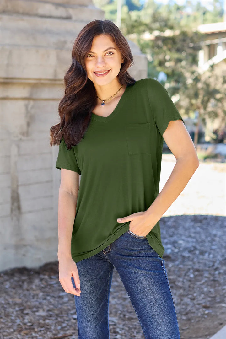 Matcha Green V-neck short sleeve pocket tee with relaxed drape