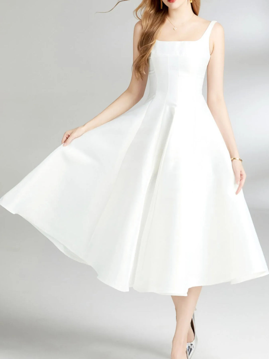 White Square neck A-line sleeveless midi dress