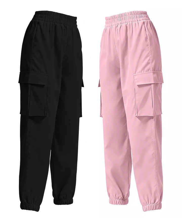 black &amp; pink Elastic waist cargo jogger pants with flap pockets, 2-piece set