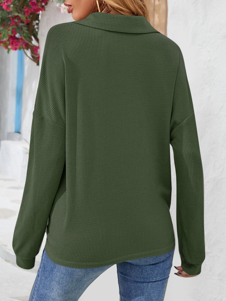 Waffle knit half-button collared long sleeve top