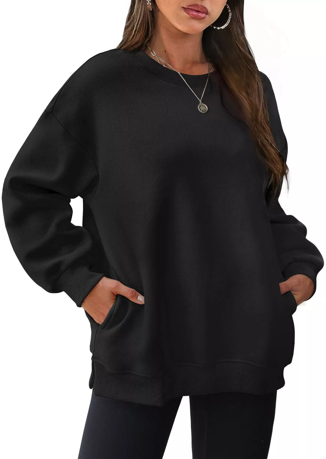 Black Relaxed crew neck sweatshirt with side pockets and slit hem