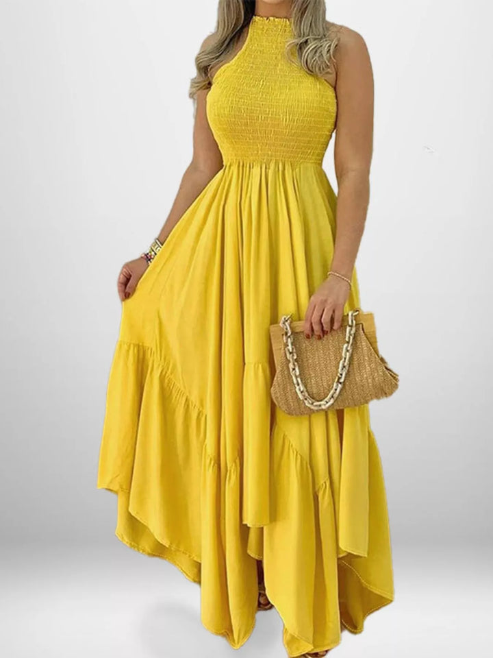 Yellow Smocked sleeveless tiered maxi dress with ruffle hem