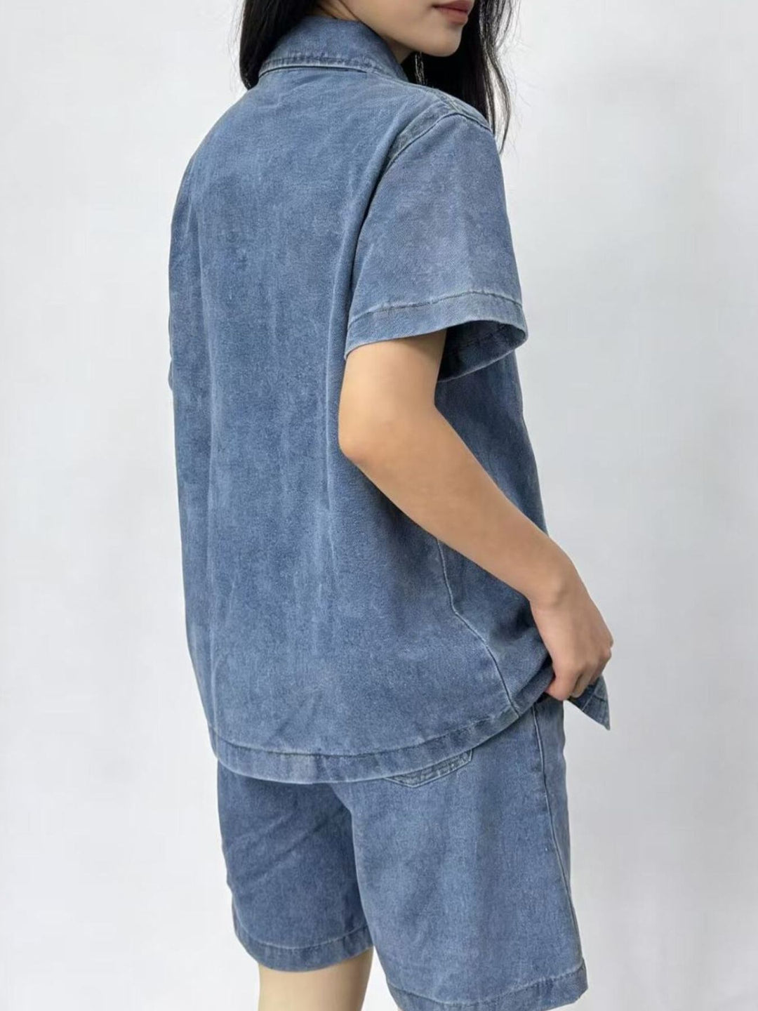 Short sleeve denim shirt and drawstring shorts set