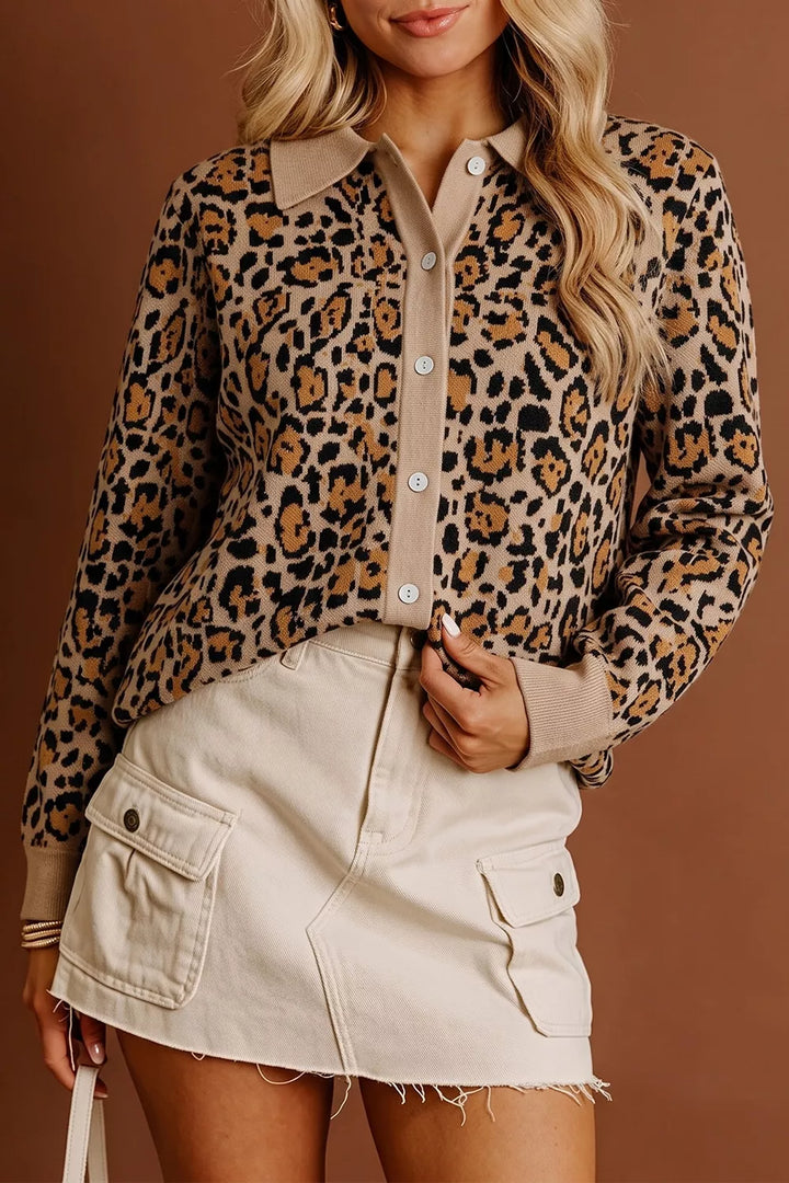 Leopard Leopard print collared button-front knit cardigan
