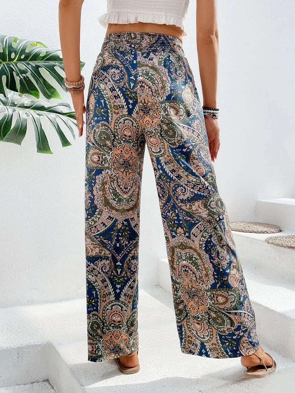 Paisley print wide-leg pants with drawstring waist